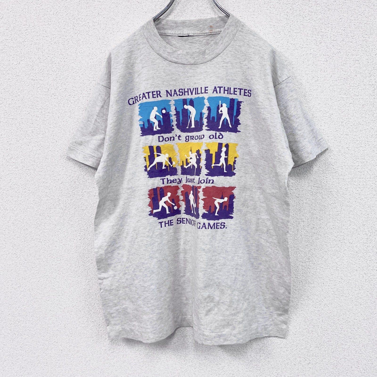 ～90s　半袖プリントTシャツ　シングルステッチ　ヴィンテージ　スポーツ　灰色　グレー　古着