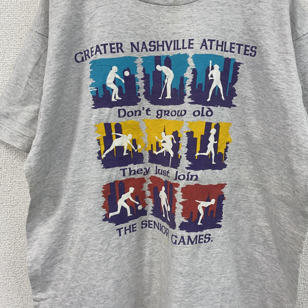 ～90s　半袖プリントTシャツ　シングルステッチ　ヴィンテージ　スポーツ　灰色　グレー　古着