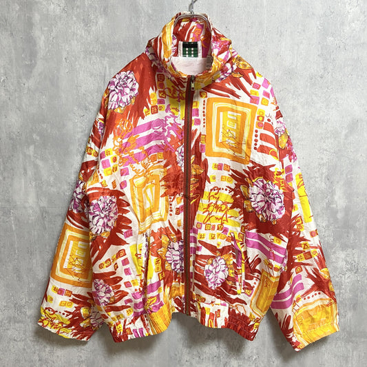～90s　EVR　総柄シルクジャケット　花　ジップアップ　ハイネック　レトロ　ヴィンテージ　Sサイズ