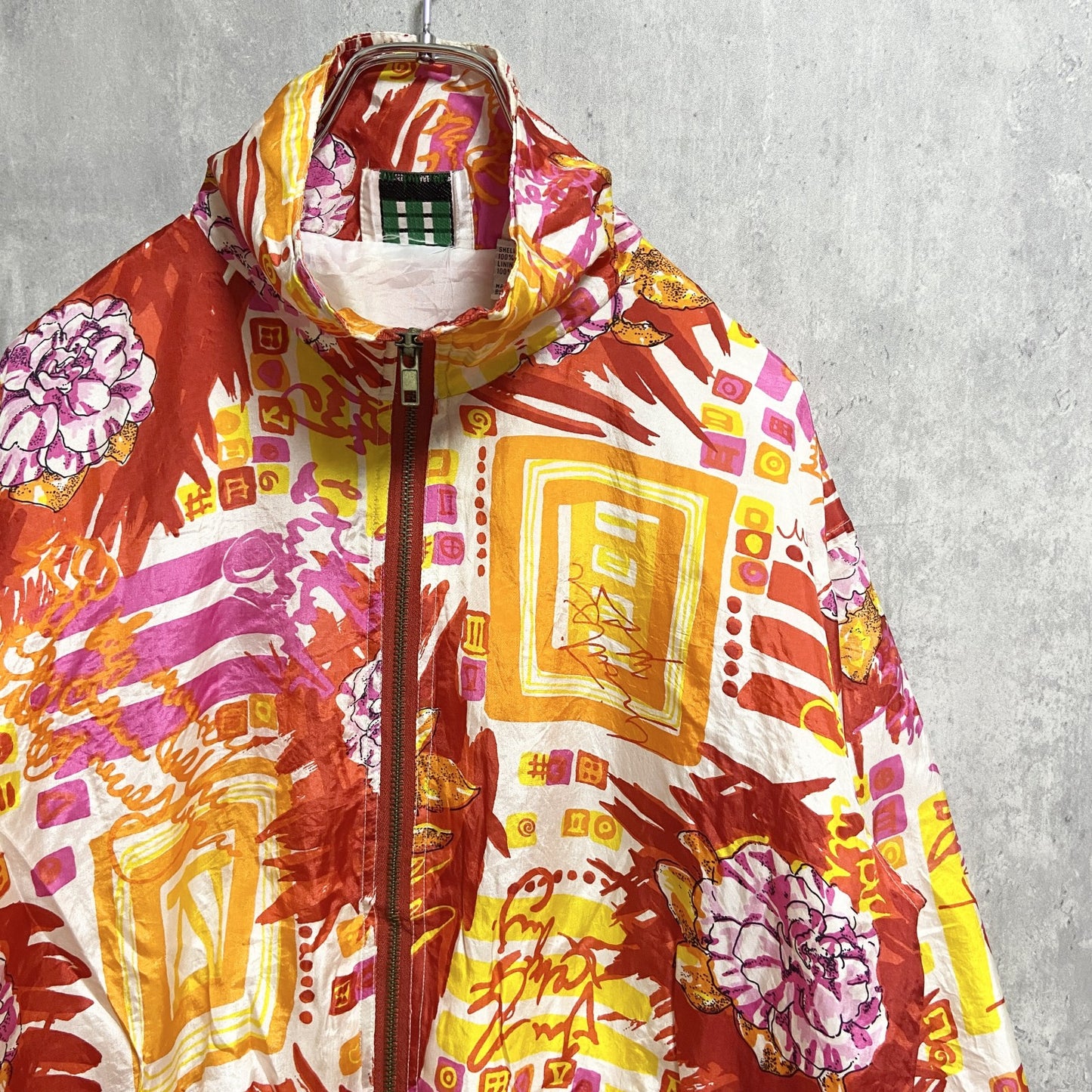 ～90s　EVR　総柄シルクジャケット　花　ジップアップ　ハイネック　レトロ　ヴィンテージ　Sサイズ
