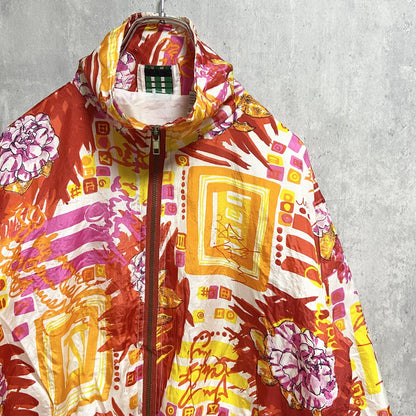 ～90s　EVR　総柄シルクジャケット　花　ジップアップ　ハイネック　レトロ　ヴィンテージ　Sサイズ