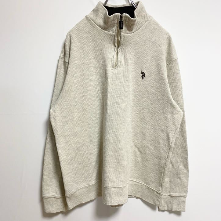 古着 used　U.S.POLO ASSN　長袖ハーフジップスウェット　トレーナー　ポイント刺繍　白　ホワイト　秋冬服　XLサイズ