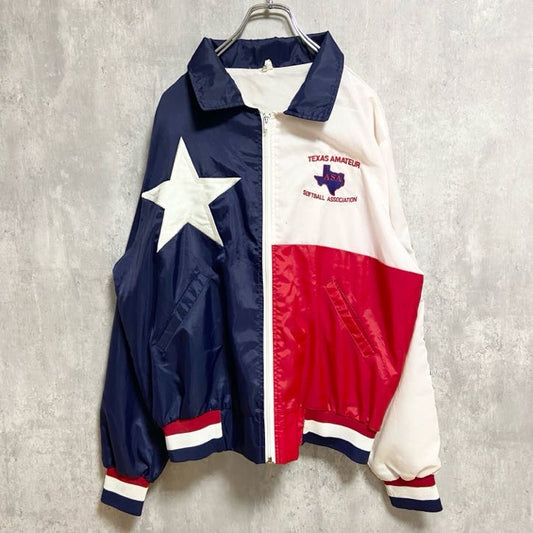～90s　襟付きナイロンジャケット　ワンポイント刺　ヴィンテージ　テキサス　星　ネイビー　個性的　Lサイズ