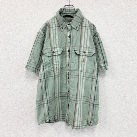 Carhartt　カーハート　半袖ボタンダウンシャツ　ラウンドシャツ　ダブルポケット　チェック柄　緑　グリーン　Lサイズ