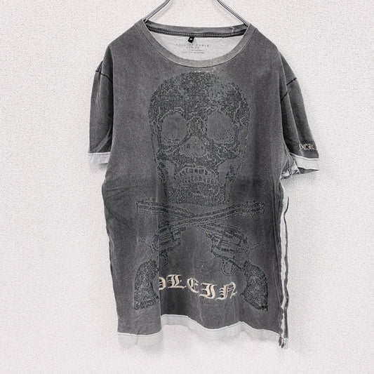 PILIPP PLEIN HOMME　半袖Tシャツ　ドクロ　ラインストーン　ダークグレー　XLサイズ