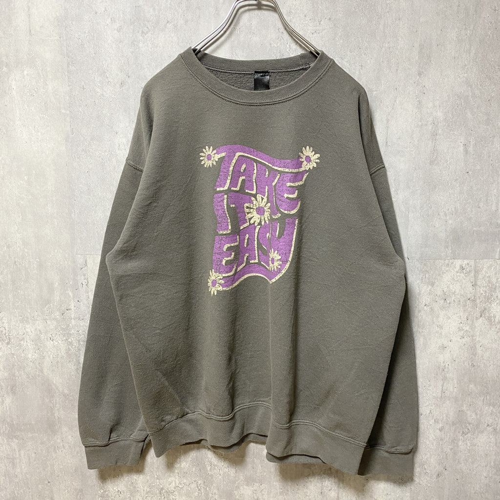 SWEET CLAIRE　TAKE IT EASY　長袖プリントスウェット　トレーナー　英字プリント　花　グレー　灰色　古着