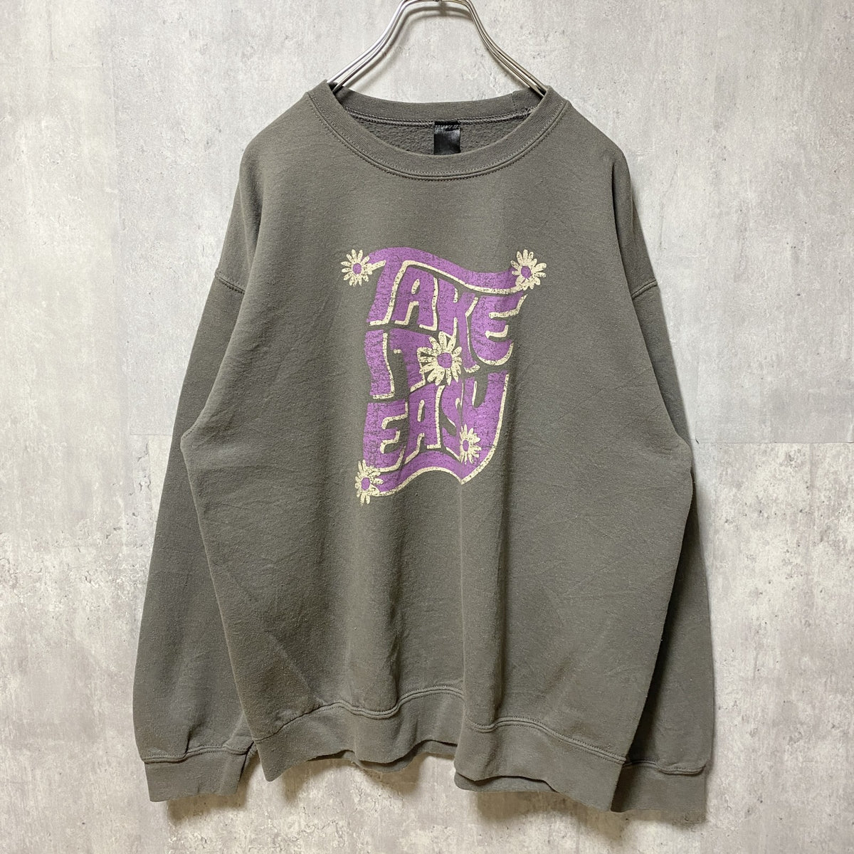 SWEET CLAIRE　TAKE IT EASY　長袖プリントスウェット　トレーナー　英字プリント　花　グレー　灰色　古着