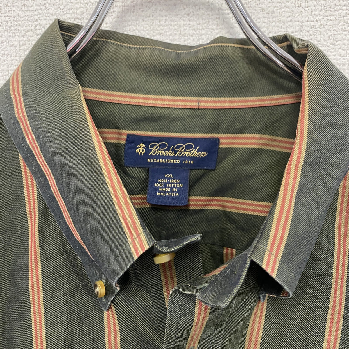Brooks Brothers　ブルックスブラザーズ　長袖ボタンダウンシャツ　ストライプ　緑　グリーン　2XLサイズ　古着