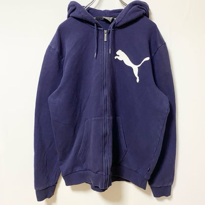 古着 used PUMA プーマ　長袖ロゴフルジップパーカー　フーディー　バックロゴプリント　スポーティー　ネイビー　Lサイズ