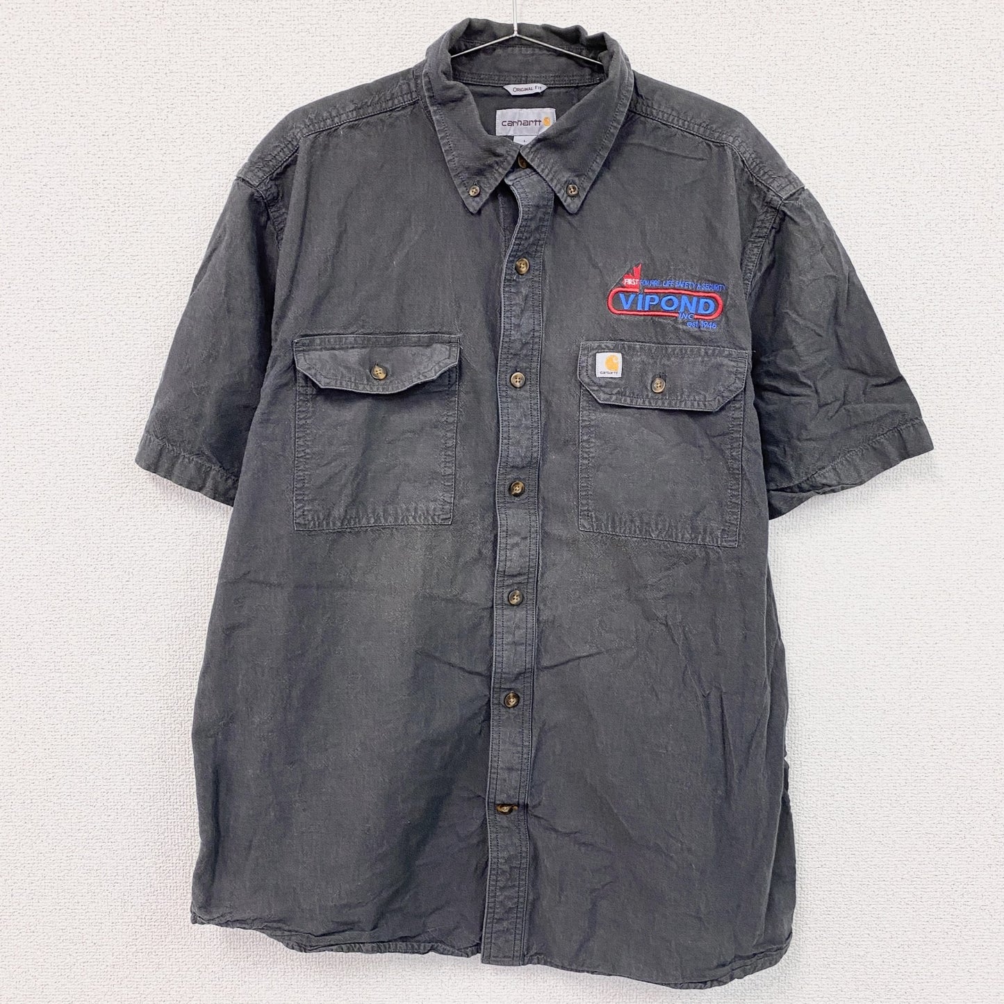 Carhartt　カーハート　半袖ボタンダウンシャツ　ワークシャツ　ダブルポケット　ダークグレー　Lサイズ