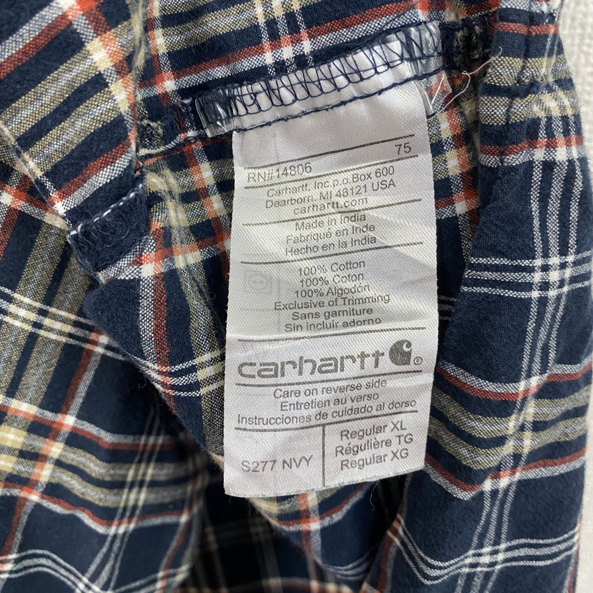 Carhartt　カーハート　半袖ボタンダウンシャツ　チェック柄　紺　ネイビー　XLサイズ　古着