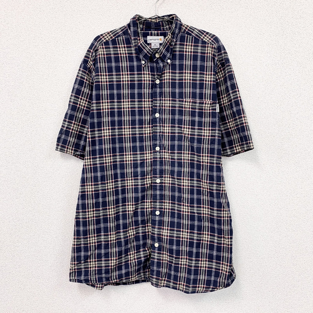 Carhartt　カーハート　半袖ボタンダウンシャツ　チェック柄　紺　ネイビー　XLサイズ　古着