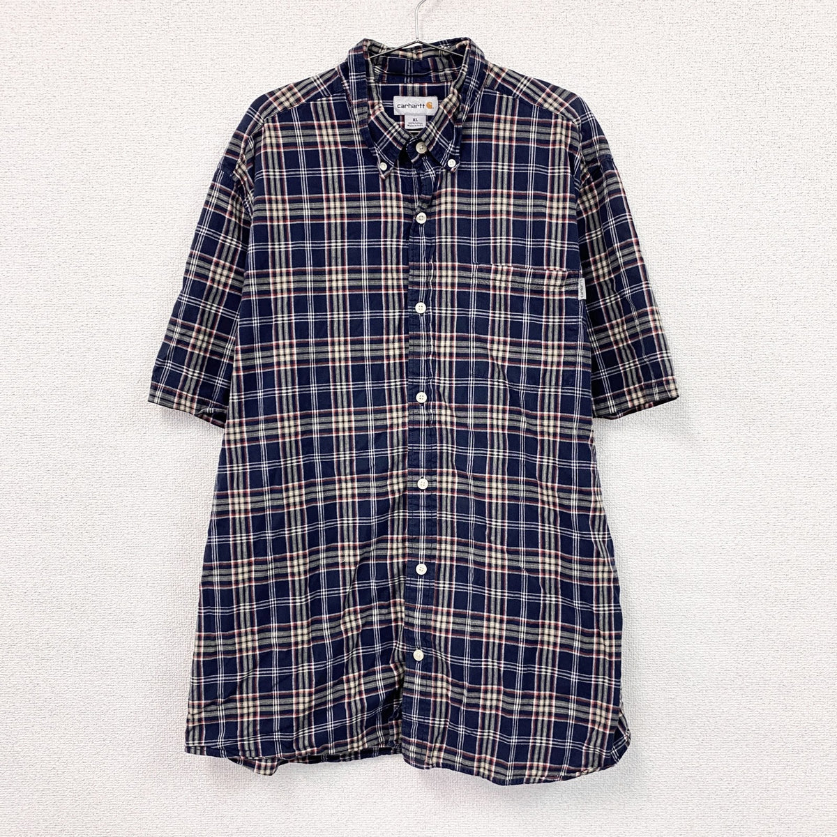 Carhartt　カーハート　半袖ボタンダウンシャツ　チェック柄　紺　ネイビー　XLサイズ　古着