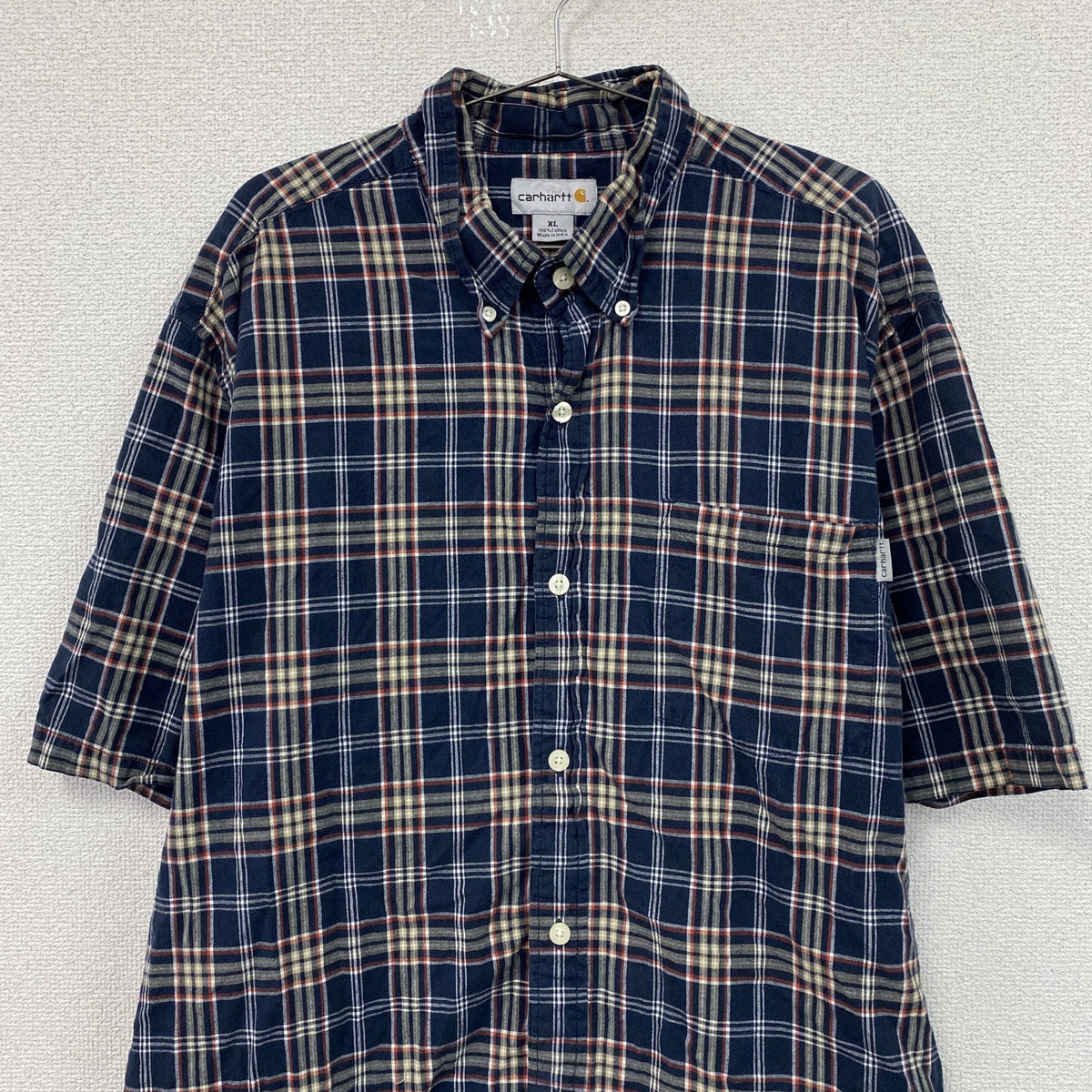 Carhartt　カーハート　半袖ボタンダウンシャツ　チェック柄　紺　ネイビー　XLサイズ　古着