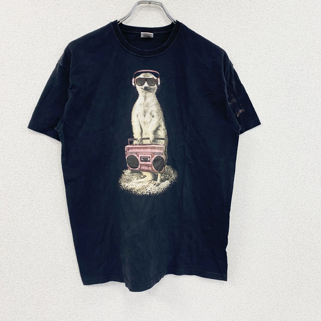 FRUIT OF THE LOOM　フルーツオブザルーム　半袖アニマルTシャツ　ミーヤーキャット　黒　ブラック　14-15サイズ　古着