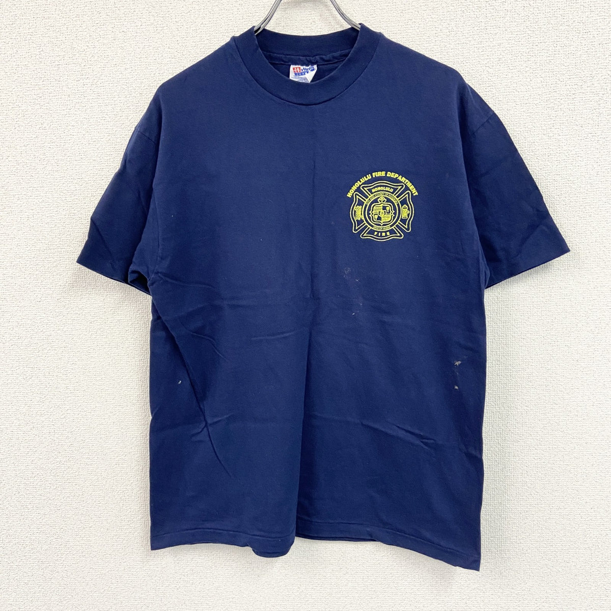 90s　Hanes　ヘインズ　半袖プリントTシャツ　ホノルル消防　3連プリント　シングルステッチ　紺　ネイビー　Lサイズ　　ヴィンテージ　古着