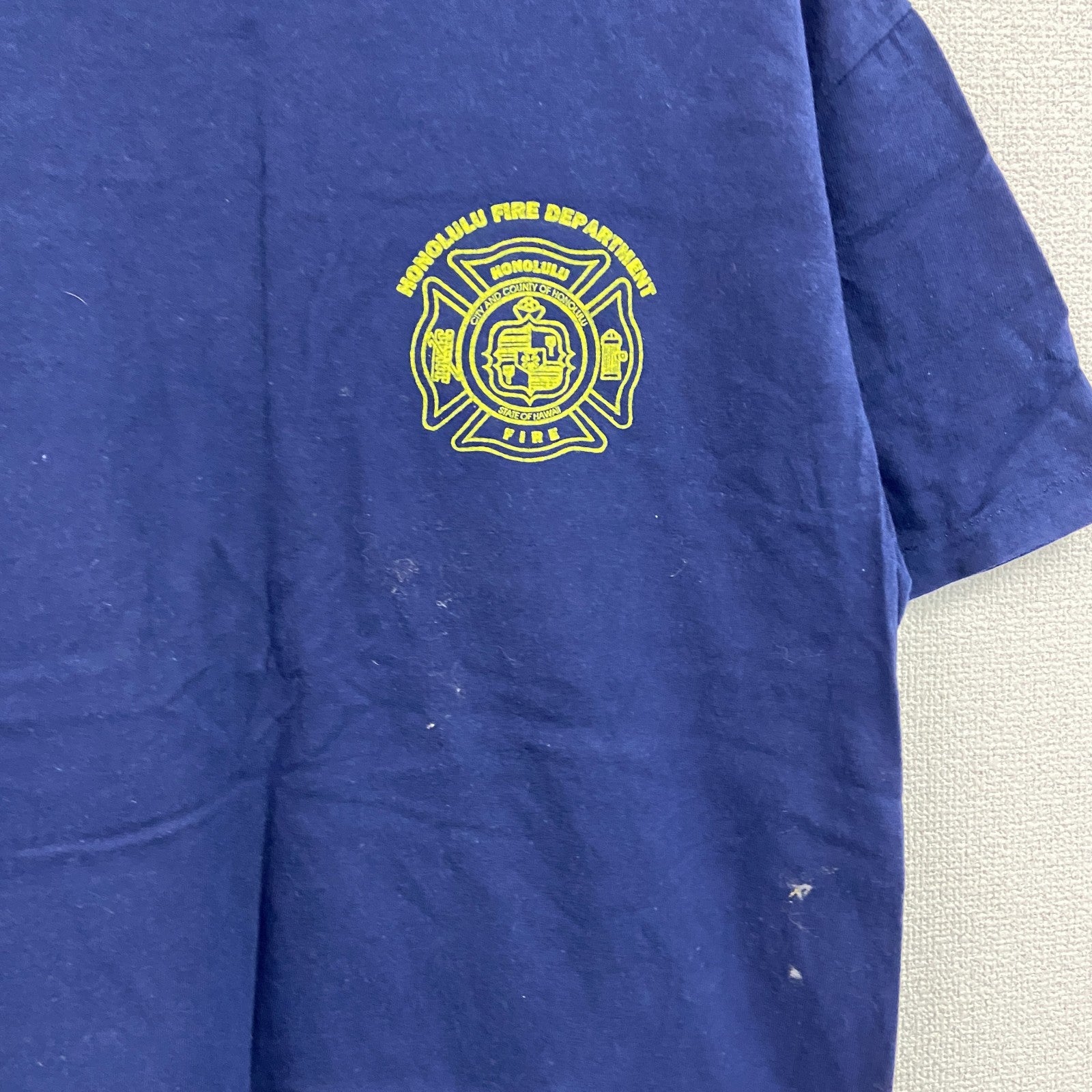 90s　Hanes　ヘインズ　半袖プリントTシャツ　ホノルル消防　3連プリント　シングルステッチ　紺　ネイビー　Lサイズ　　ヴィンテージ　古着