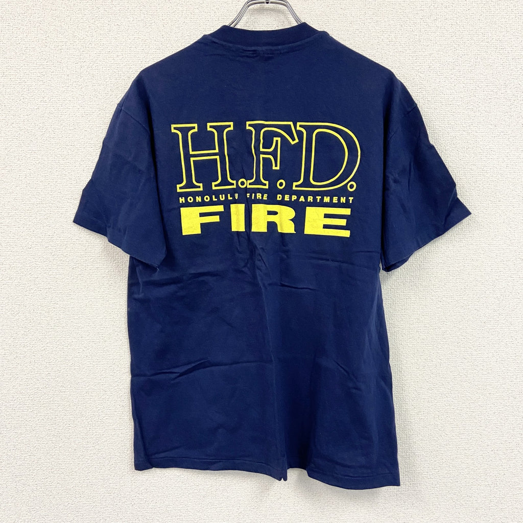 90s　Hanes　ヘインズ　半袖プリントTシャツ　ホノルル消防　3連プリント　シングルステッチ　紺　ネイビー　Lサイズ　　ヴィンテージ　古着