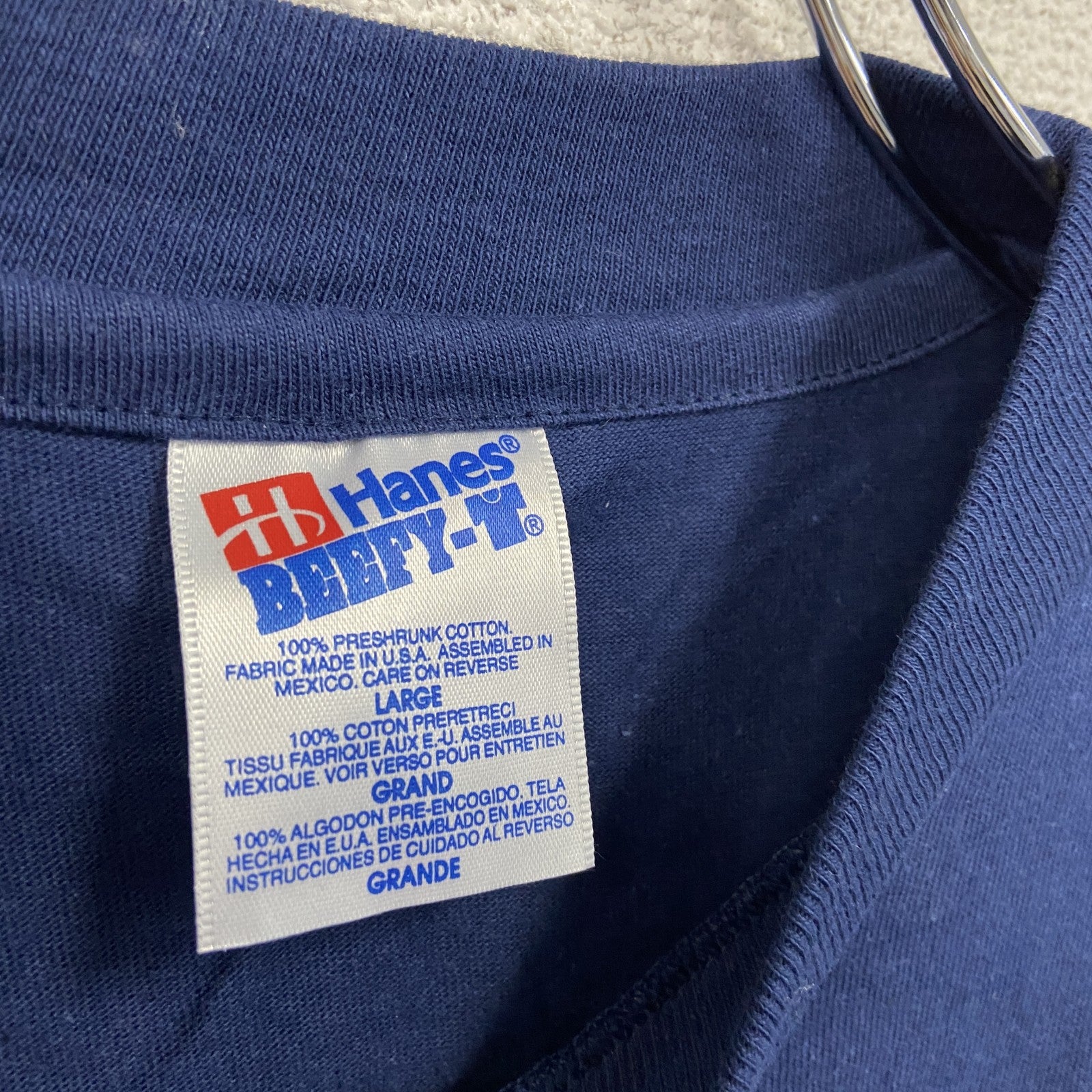 90s　Hanes　ヘインズ　半袖プリントTシャツ　アーチプリント　シングルステッチ　ヴィンテージ　紺　ネイビー　Lサイズ カットソー メンズ コットン 古着