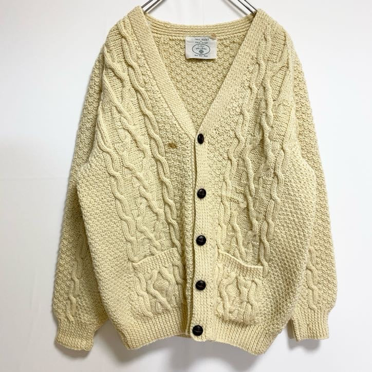 古着 used　Celtic Woollenes　長袖フィッシャーマンニットカーディガン　厚手Vネックセーター　英国製　白　秋冬服