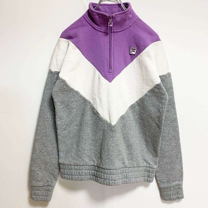 FILA　フィラ　長袖ハーフジップハイネックスウェット　切り替えトレーナー　ポイント刺繍　紫　パープル　白　ホワイト　グレー　灰色　Sサイズ　古着