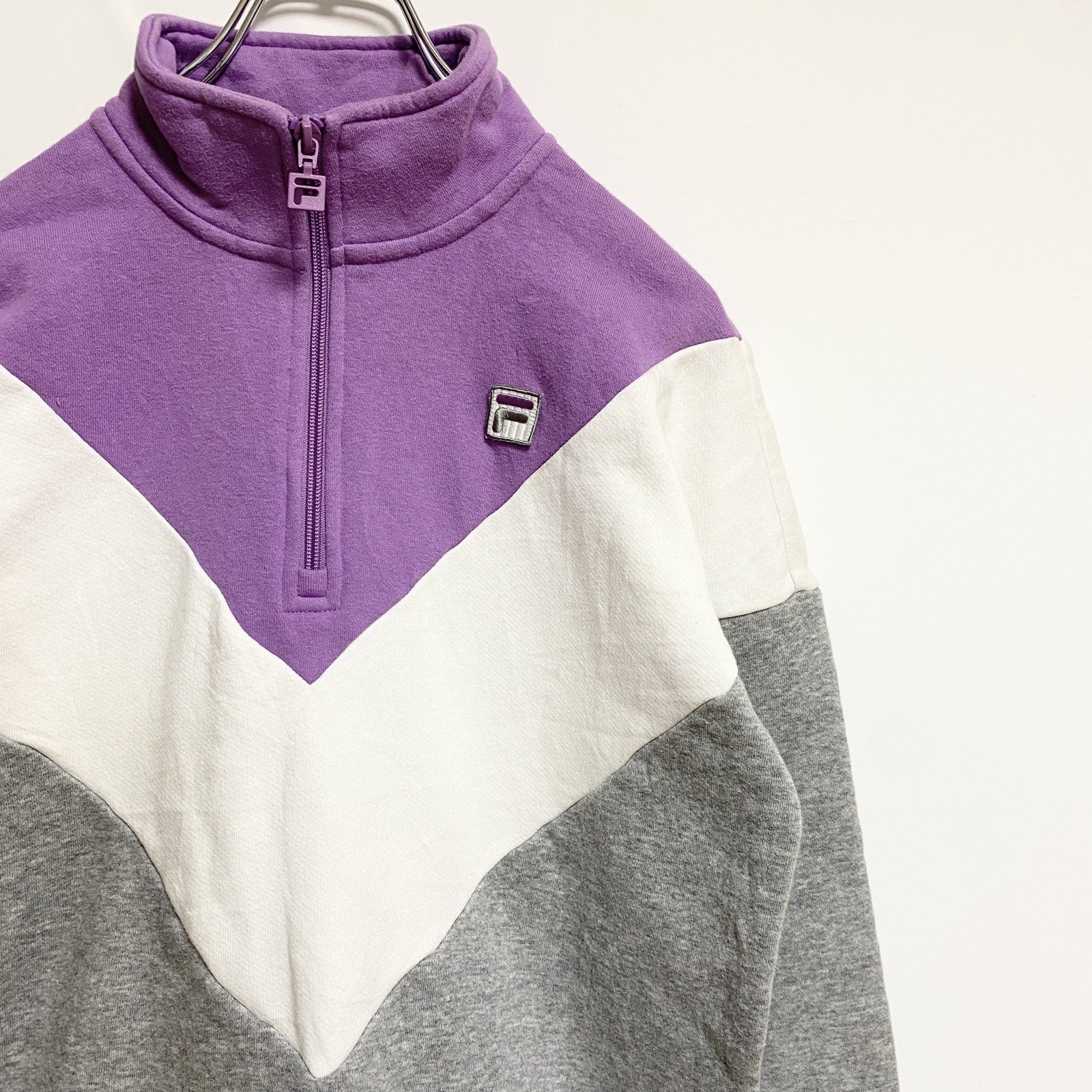FILA　フィラ　長袖ハーフジップハイネックスウェット　切り替えトレーナー　ポイント刺繍　紫　パープル　白　ホワイト　グレー　灰色　Sサイズ　古着