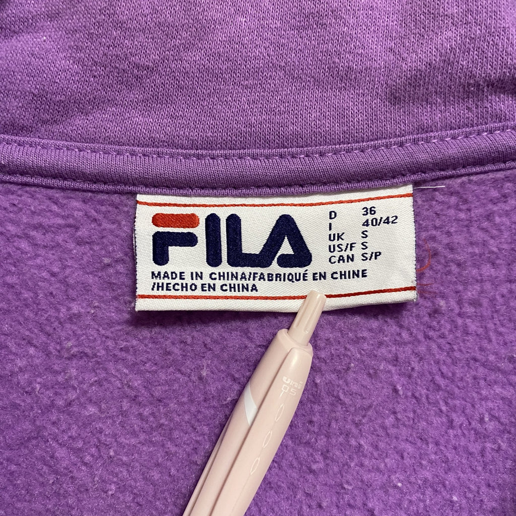 FILA　フィラ　長袖ハーフジップハイネックスウェット　切り替えトレーナー　ポイント刺繍　紫　パープル　白　ホワイト　グレー　灰色　Sサイズ　古着