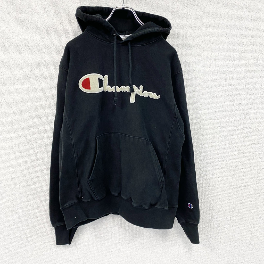 Champion　チャンピオン　リバースウィーブ　スウェットパーカー/フーディー　デカロゴ　黒　ブラック　Mサイズ　古着