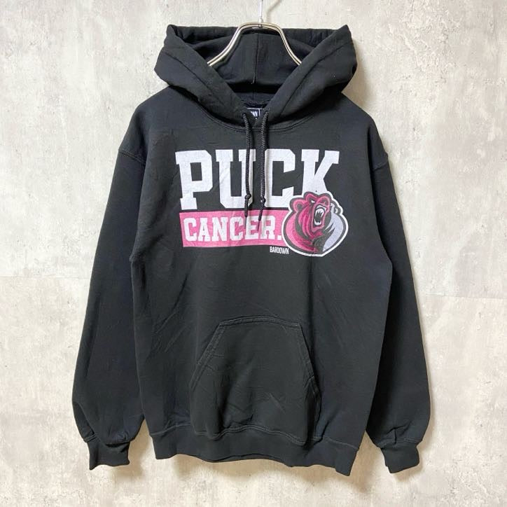 古着 used　BARDOWN　長袖プリントパーカー　フード　スウェット　黒　ブラック　PUCK CANCER　Sサイズ