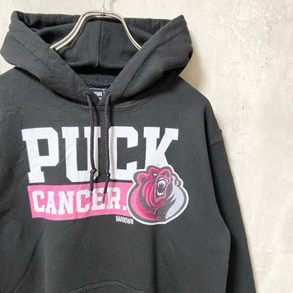 古着 used　BARDOWN　長袖プリントパーカー　フード　スウェット　黒　ブラック　PUCK CANCER　Sサイズ