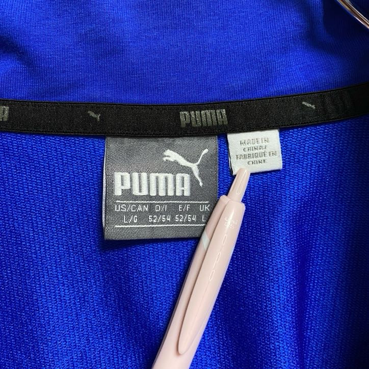 古着 used　PUMA　プーマ　長袖ハーフジップトラックジャケット　ワンポイントプリントジャージ　ハイネック　青　Lサイズ