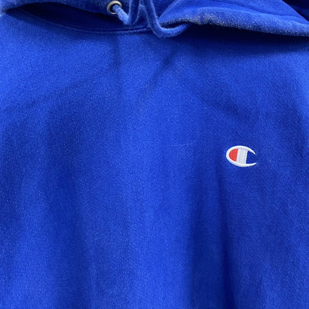 Champion　チャンピオン　リバースウィーブ　スウェットパーカー/フーディー　刺繍ロゴ　ワンポイント　現行　青　ブルー　Mサイズ トレーナー スウェットトップス フード付き 古着
