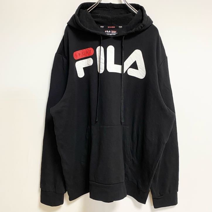 古着 used　FILA　フィラ　長袖ロゴプリントパーカー　スウェットプルオーバー　黒　秋冬服　ビッグシルエット　2XLサイズ