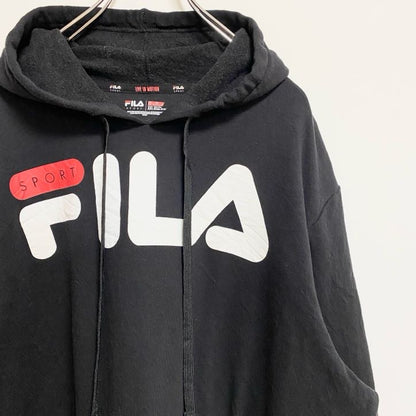 古着 used　FILA　フィラ　長袖ロゴプリントパーカー　スウェットプルオーバー　黒　秋冬服　ビッグシルエット　2XLサイズ