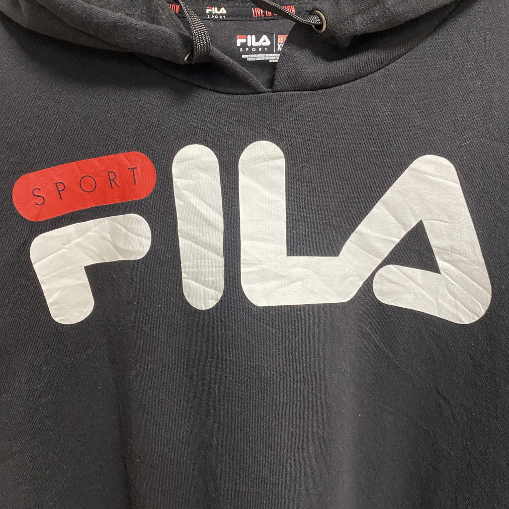 FILA　フィラ　長袖ロゴプリントパーカー　スウェットプルオーバー　黒　ブラック　秋冬服　ビッグシルエット　2XLサイズ　古着