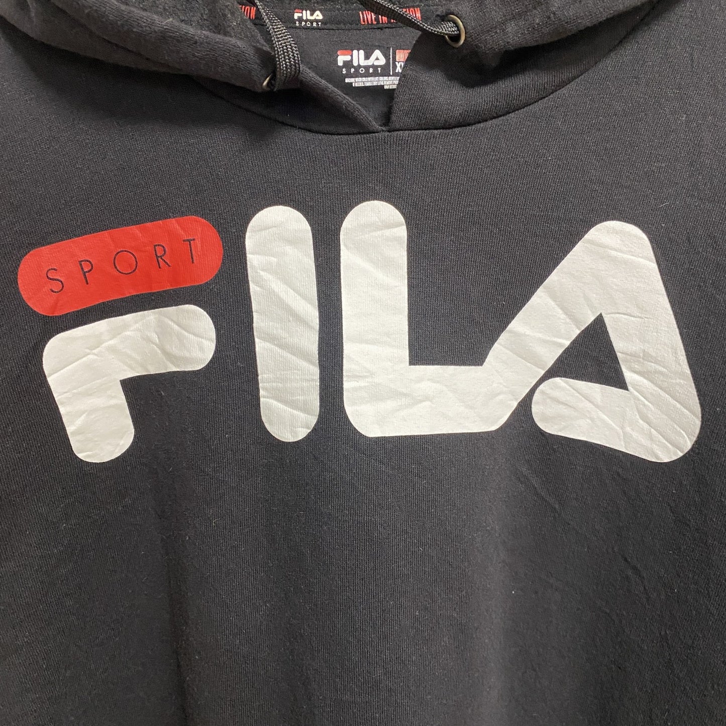 古着 used　FILA　フィラ　長袖ロゴプリントパーカー　スウェットプルオーバー　黒　秋冬服　ビッグシルエット　2XLサイズ