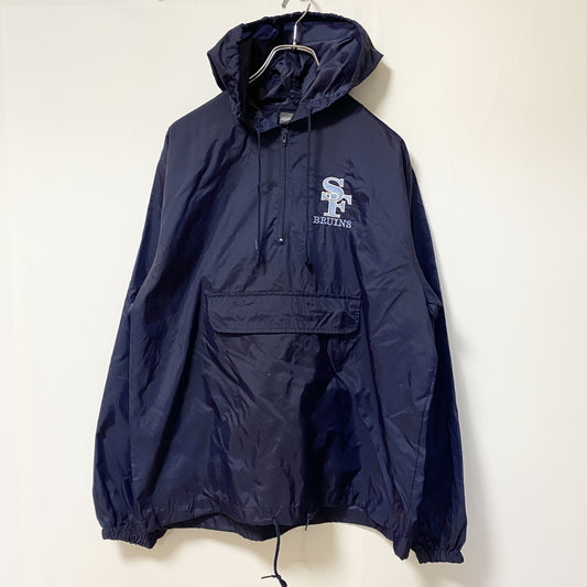 古着 used　長袖ハーフジップアノラックパーカー　ナイロンジャケット　ウインドブレーカー　ロゴ刺繍　ネイビー　Mサイズ