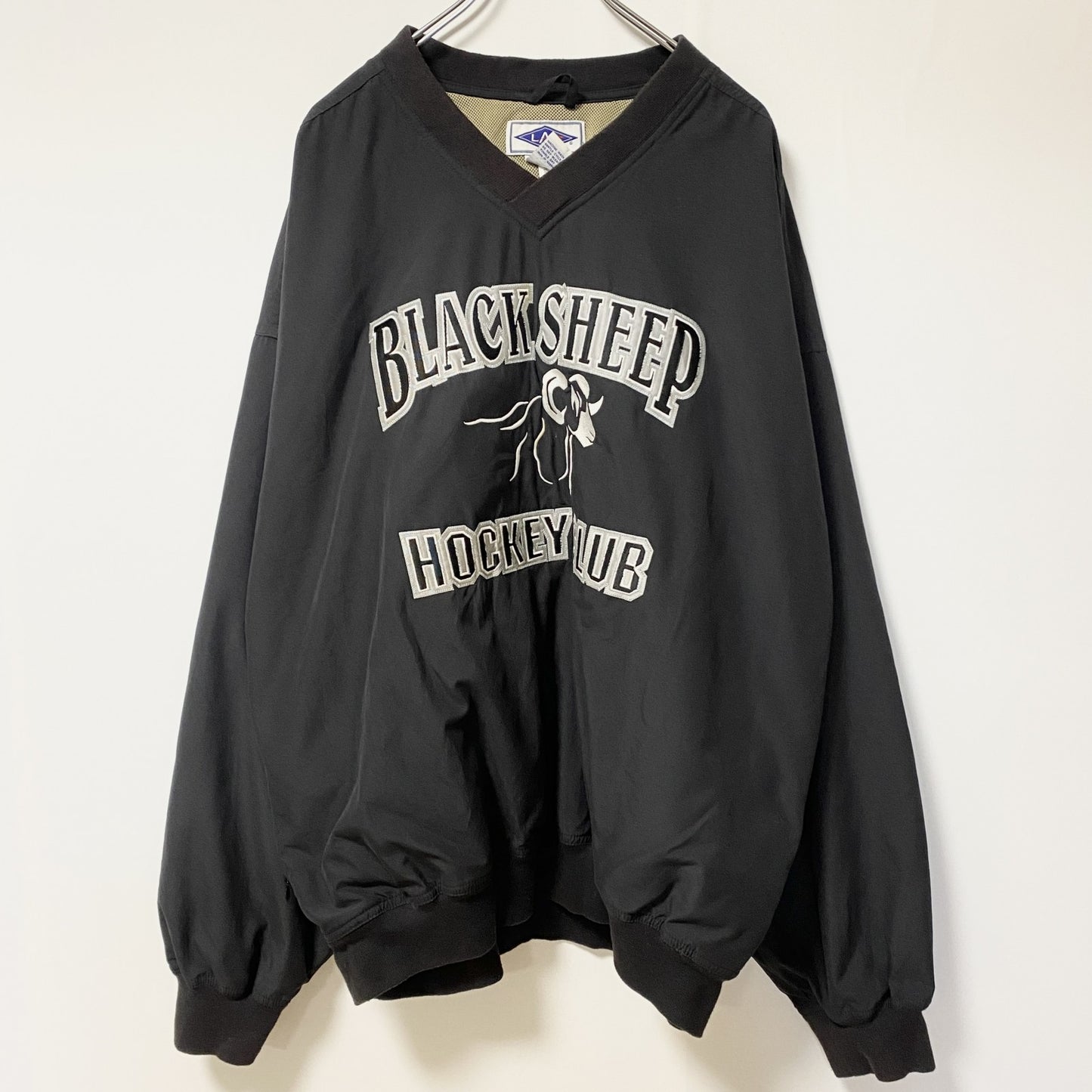 古着 used　LAL　長袖刺繍ナイロンプルオーバー　ウインドブレーカー　アイスホッケー　黒　Vネック　XXXLサイズ