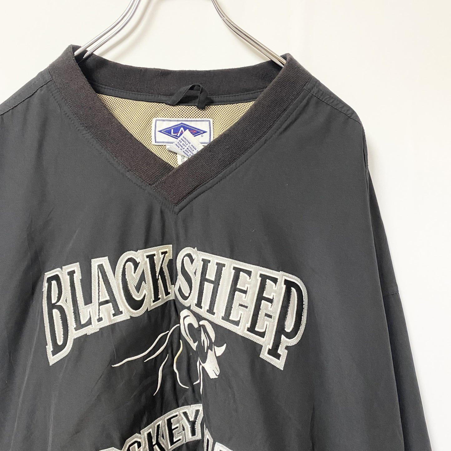 古着 used　LAL　長袖刺繍ナイロンプルオーバー　ウインドブレーカー　アイスホッケー　黒　Vネック　XXXLサイズ