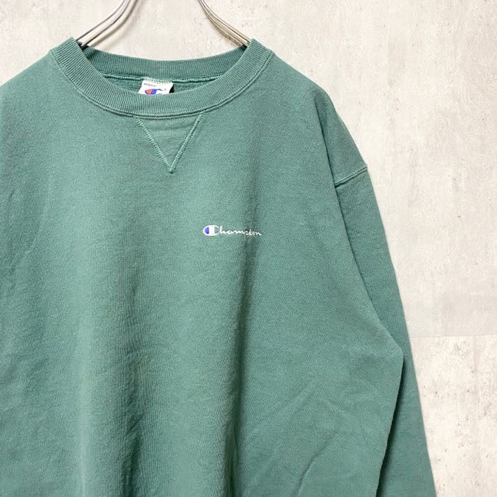 古着 used　90s　90年代　Champion　チャンピオン　長袖ロゴ刺繍スウェット　トレーナー　緑　グリーン　XLサイズ