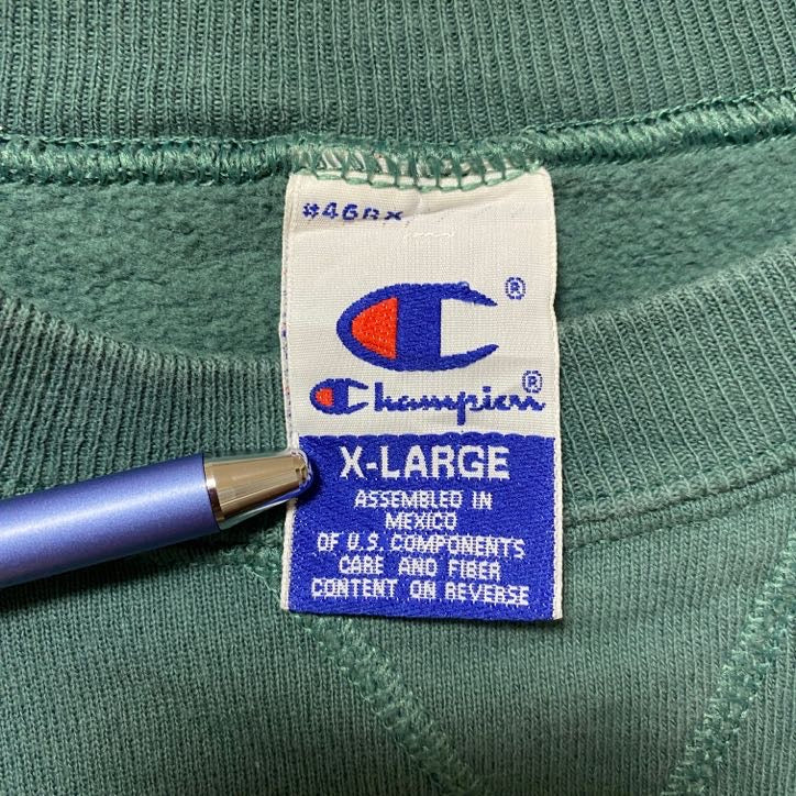 古着 used　90s　90年代　Champion　チャンピオン　長袖ロゴ刺繍スウェット　トレーナー　緑　グリーン　XLサイズ