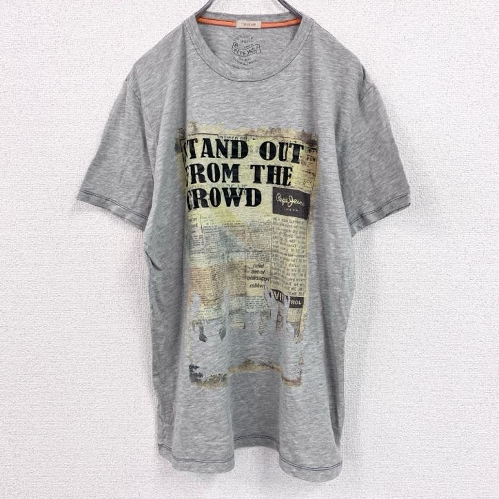 PEPE JNS　半袖プリントTシャツ　3連プリント　英字プリント　新聞紙　クルーネック　灰色　グレー　XLサイズ　古着