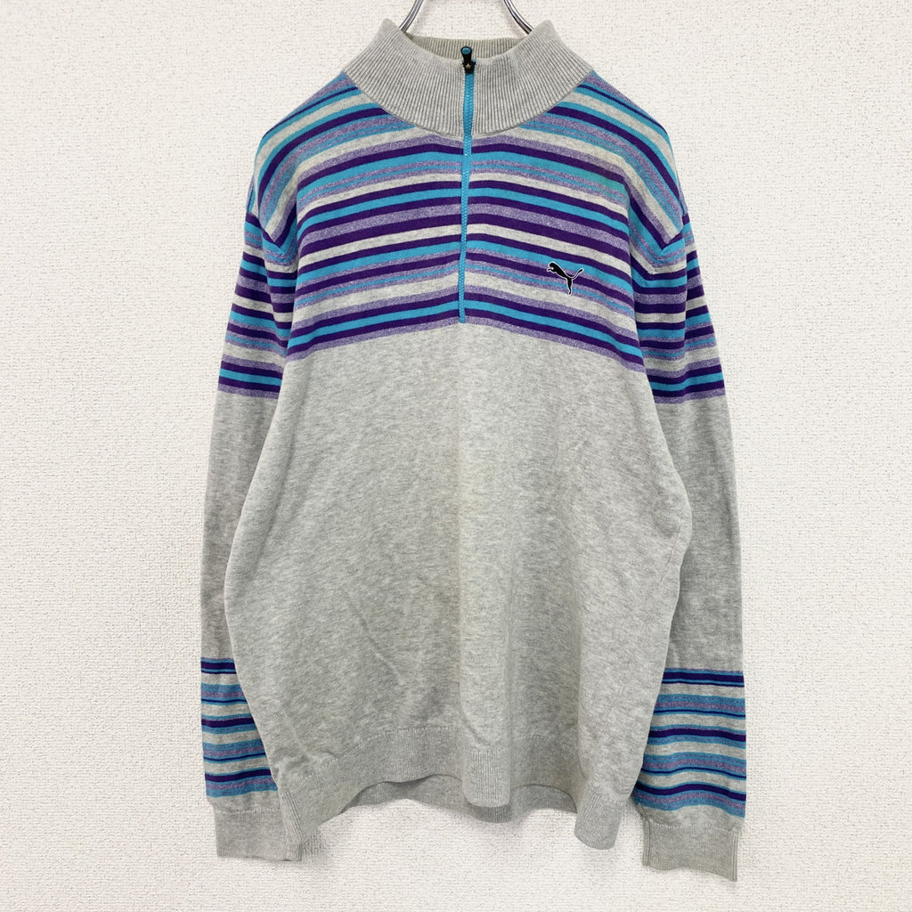 PUMA　プーマ　ハーフジップコットンニットセーター　マルチカラー　灰色　グレー　Lサイズ　古着
