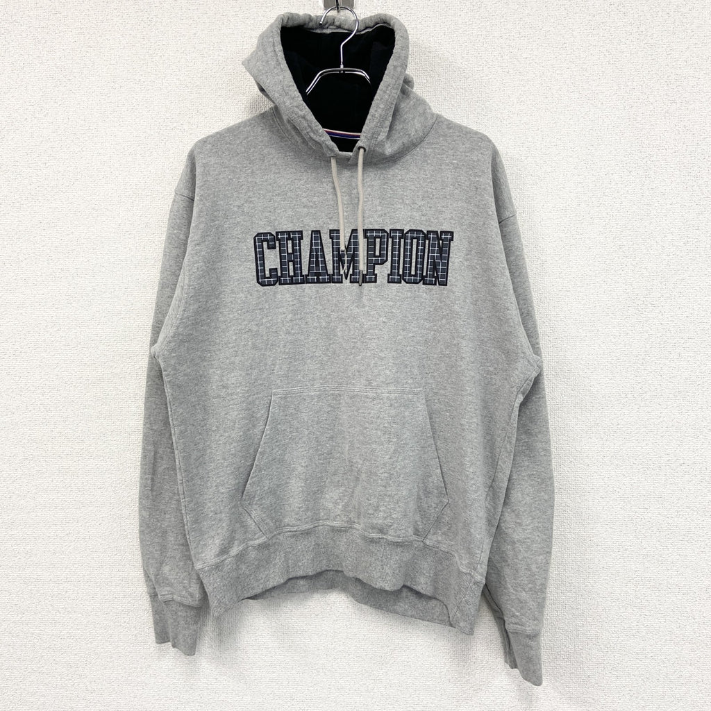 champion　チャンピオン　スウェットパーカー/フーディー　チェック柄　デカロゴ　現行　灰色　グレー　Lサイズ　古着