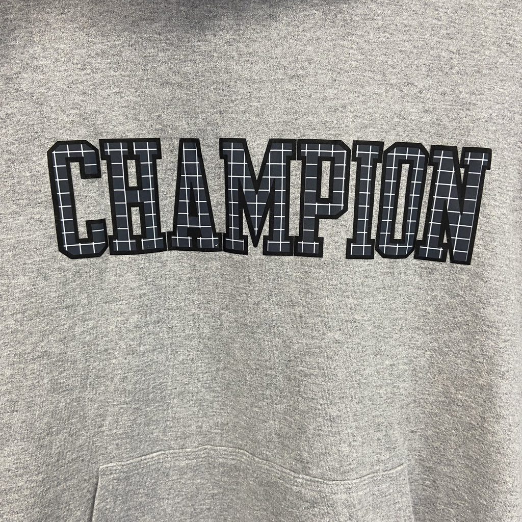champion　チャンピオン　スウェットパーカー/フーディー　チェック柄　デカロゴ　現行　灰色　グレー　Lサイズ　古着
