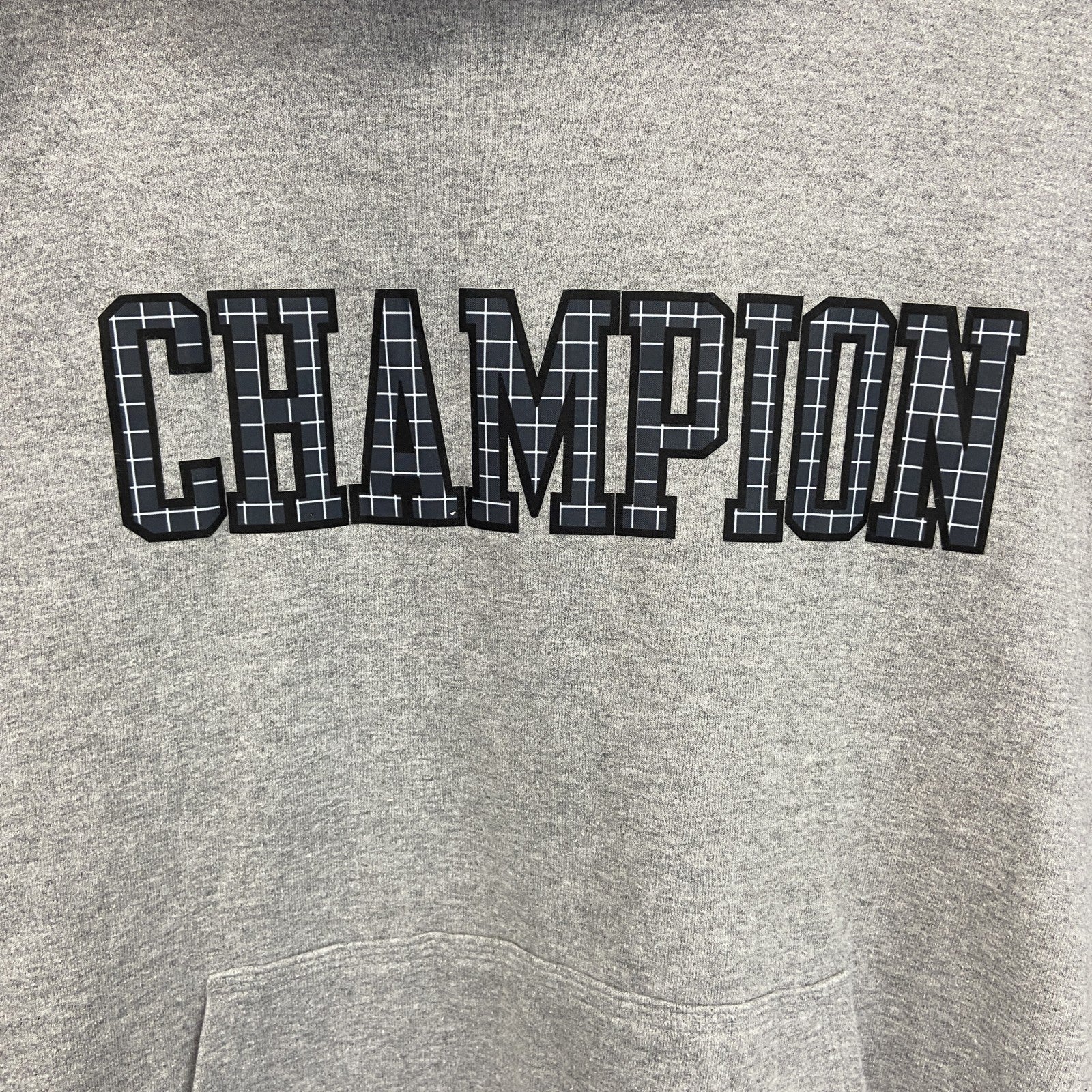champion　チャンピオン　スウェットパーカー/フーディー　チェック柄　デカロゴ　現行　灰色　グレー　Lサイズ　古着