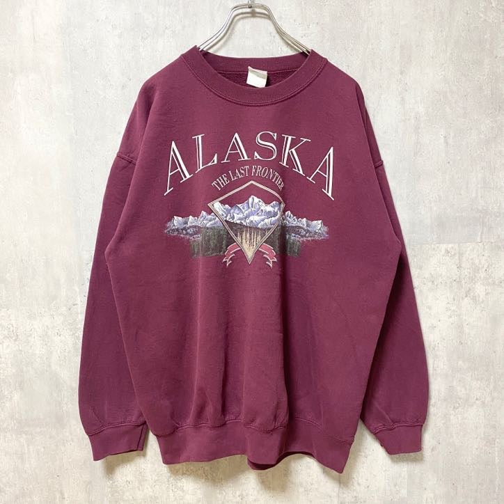 古着 used　長袖プリントスウェット　トレーナー　ALASKA　アラスカ　Mountain　ワインレッド　クルーネック　Lサイズ