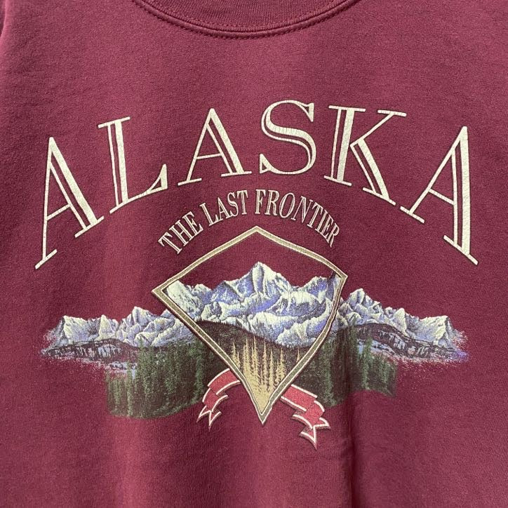 古着 used　長袖プリントスウェット　トレーナー　ALASKA　アラスカ　Mountain　ワインレッド　クルーネック　Lサイズ