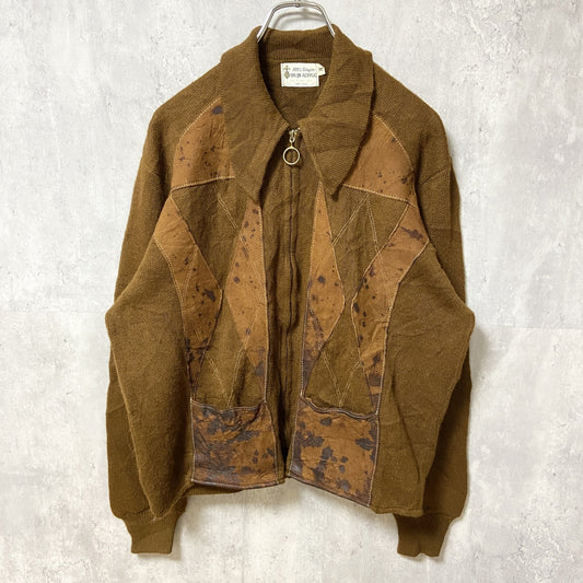 ～70s　ORLON ACRYLIC　フルジップカーディガン　レザー　パッチワーク　茶色　ヴィンテージ　XLサイズ