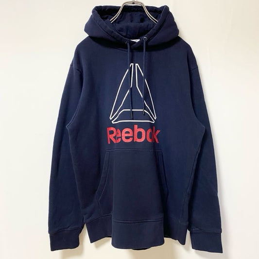 古着 used　Reebok　リーボック　長袖フロントビッグプリントパーカー　スウェットプルオーバー　紺　ネイビー　秋冬服